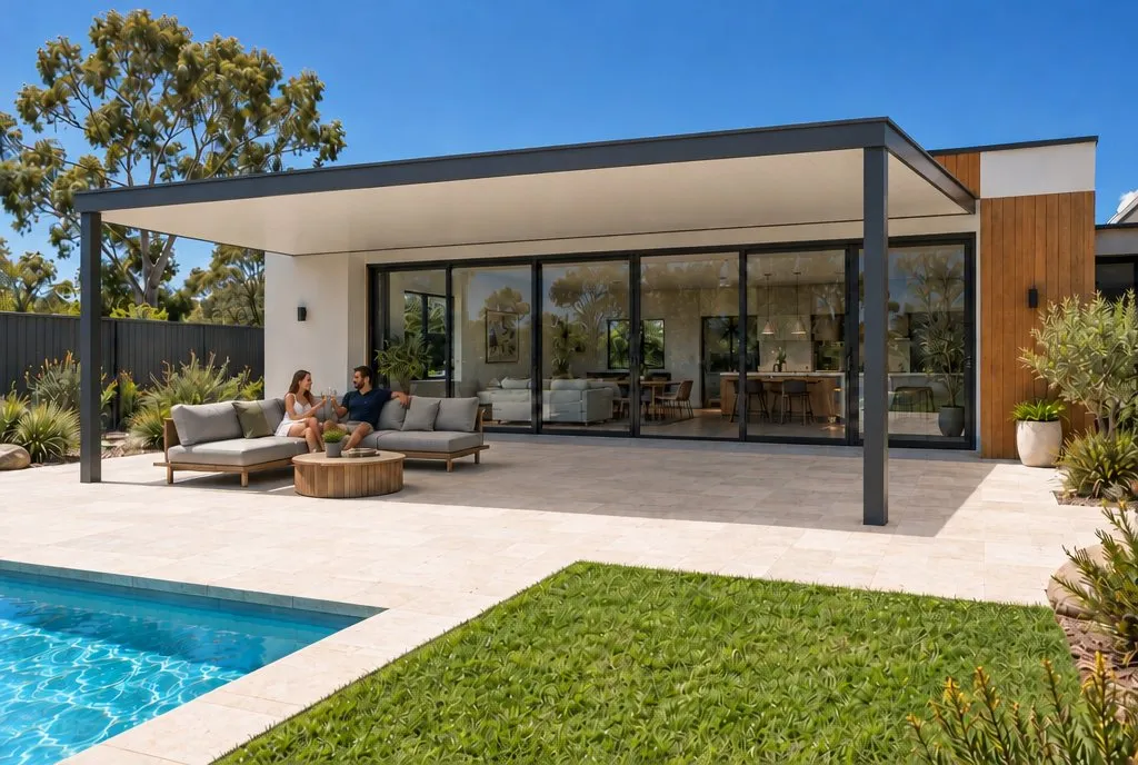 The same home with an insulated roof patio shading the couple