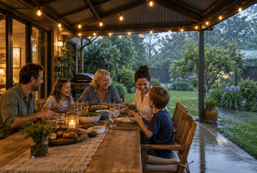 A family laughing over dinner under their patio while rain falls on the garden